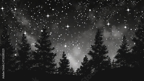a black and white photo of the night sky with stars and trees in the foreground and a black and white photo of the night sky with stars in the background.