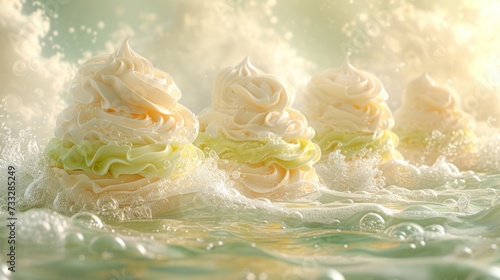 a group of cupcakes sitting in the middle of a body of water with white frosting on top of them.