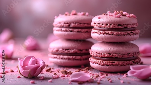 a pile of pink macaroons sitting on top of a table next to a pink flower and a pink rose. photo