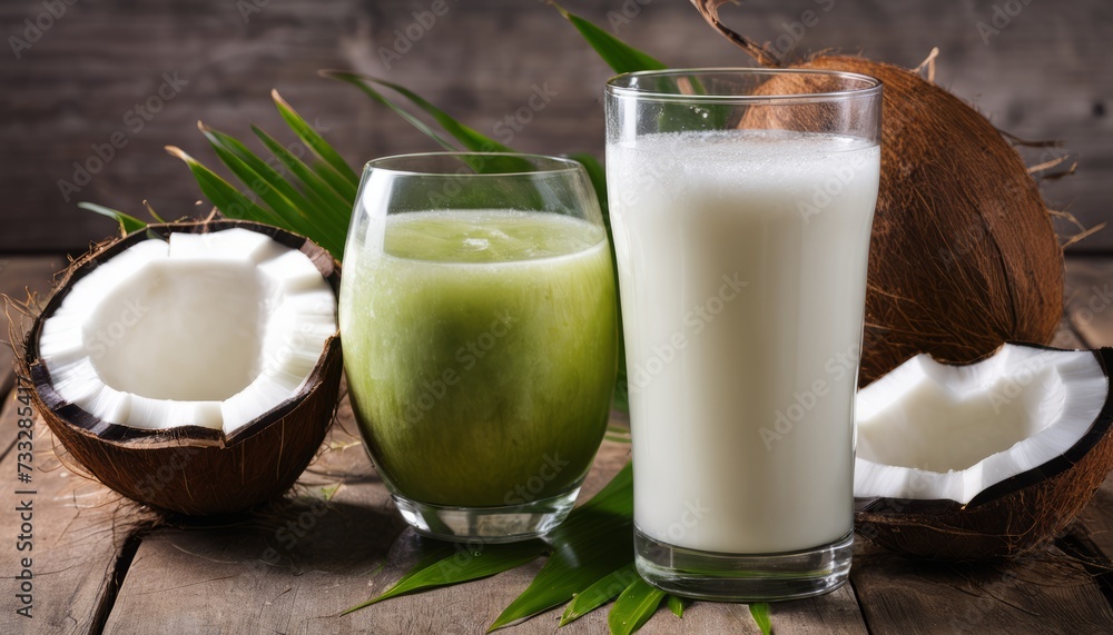 A glass of milk and a glass of coconut milk A glass of milk and a glass of coconut milk