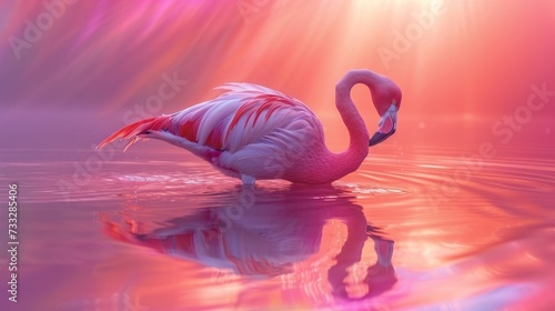 a pink flamingo standing in the water with its head in the water and its wings spread out to the side. photo