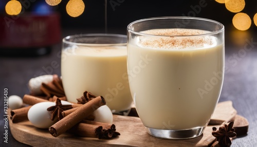 Two glasses of milk with cinnamon on a table