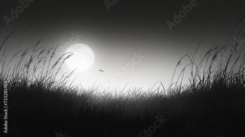 a black and white photo of a full moon in a foggy sky with tall grass in the foreground.