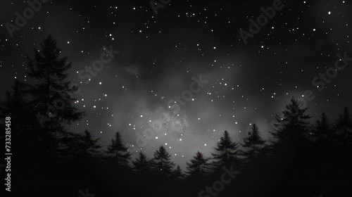 a black and white photo of a forest at night with stars in the sky and trees in the foreground.