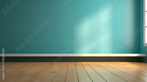 Green background, wooden floor, empty room. © Rafa Fernandez