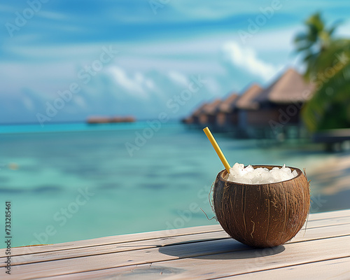 coconut cocktail on the beach at the Maldives or bora bora