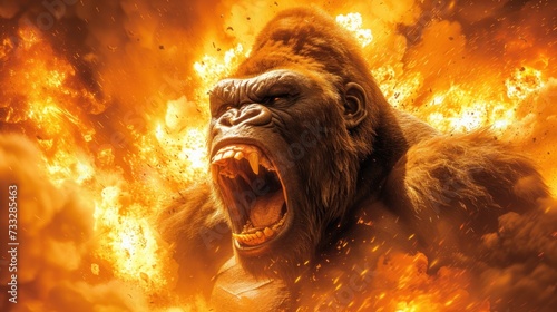 a close up of a gorilla with its mouth open in front of a blazing background of fire and smoke with it's mouth wide open wide open.