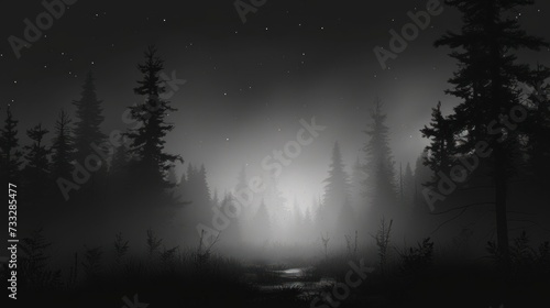 a black and white photo of a forest at night with the moon in the sky and stars in the sky.