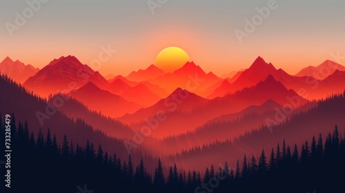 a sunset view of a mountain range with pine trees in the foreground and a rising sun in the background.