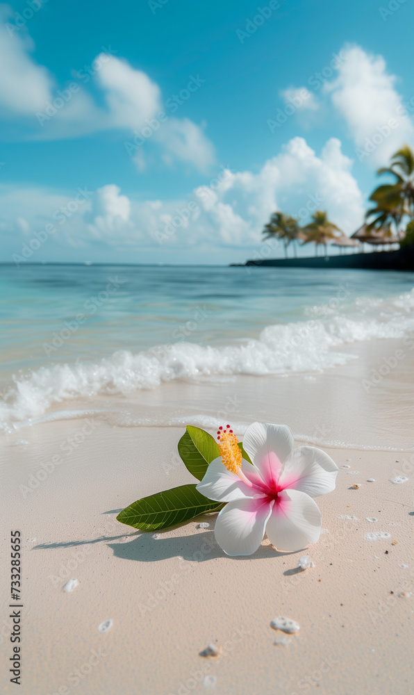 Tropical Serenity on White Sand Beach with Plumeria Flower - Perfect Vacation Background for Travel and Leisure Advertising, Embracing the Idyllic Nature of a Seaside Resort