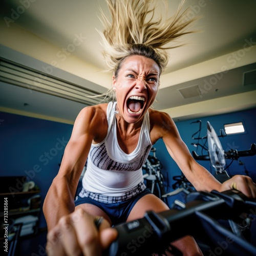 a Spinning Class Participant Radiating Energy and Enthusiasm While Riding Hard on a Stationary Bike © cff999