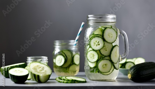 A glass jar filled with cucumber slices and a straw