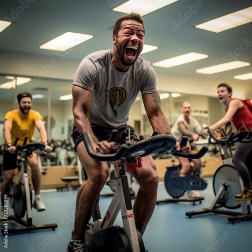 a Spinning Class Participant Radiating Energy and Enthusiasm While Riding Hard on a Stationary Bike © cff999