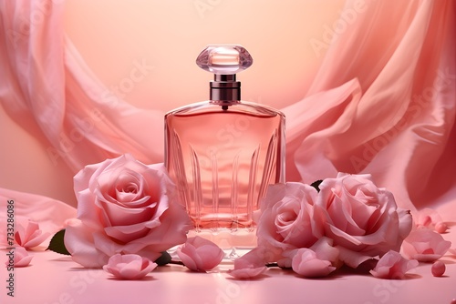 Pink roses on a pink background and essence in a luxurious glass bottle