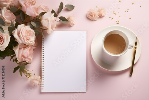 White flowers, coffee and notes on pink background