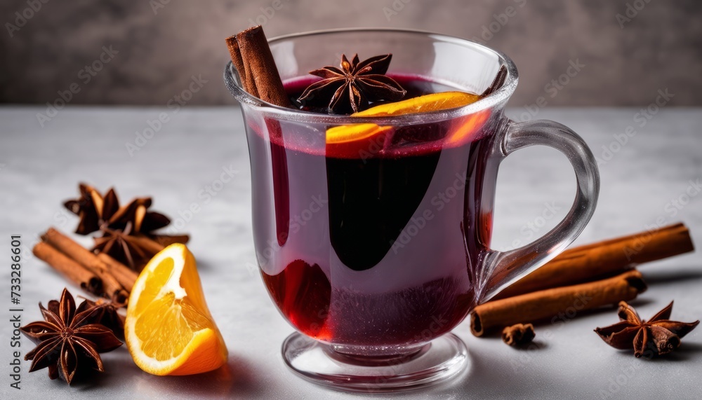 A glass of red wine with a slice of orange and cinnamon sticks A glass of red wine with a slice of orange and cinnamon sticks