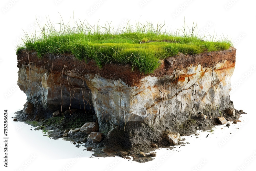 Cubical cross section with underground earth soil and green grass on ...