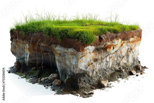 Cubical cross section with underground earth soil and green grass on top, cutaway terrain surface with mud and field isolated. photo