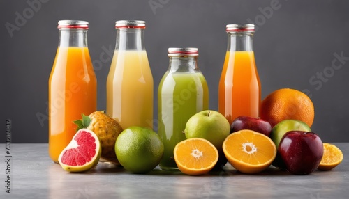 A variety of fruits and juices are displayed on a table