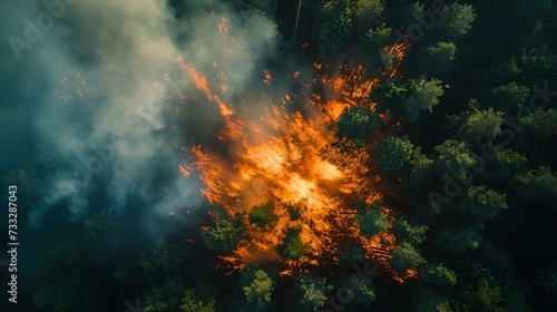 Aerial view of a forest fire  flames among trees  nature in distress. environmental concerns and action needed. AI