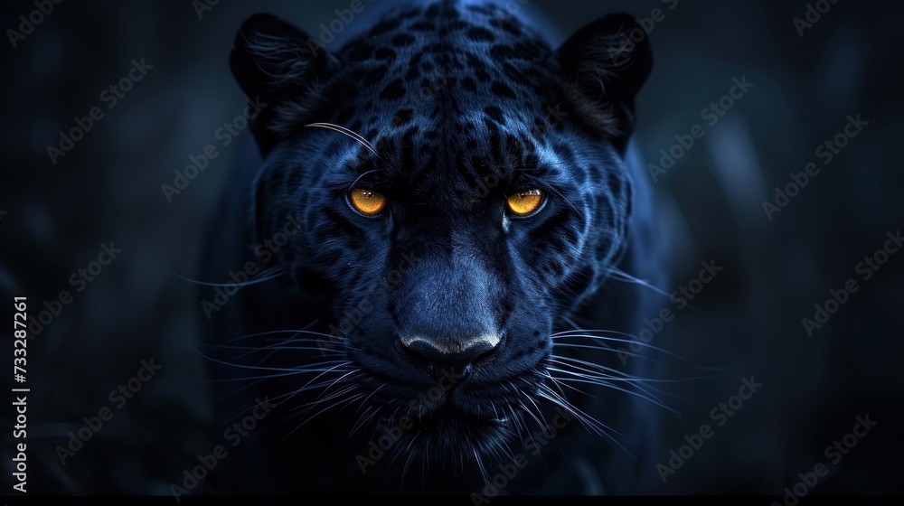 a close up of a black leopard's face with bright yellow eyes and a black coat with a black background.