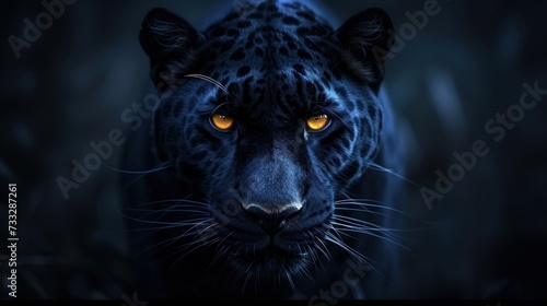 a close up of a black leopard's face with bright yellow eyes and a black coat with a black background.