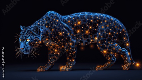 a 3d rendering of a leopard with glowing spots on it s face and tail  standing in front of a black background.