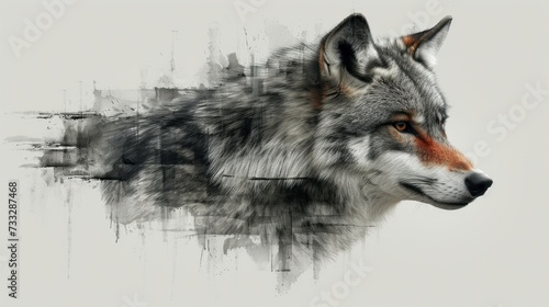 a digital painting of a wolf's head with a gray and orange color scheme on the left side of the image.