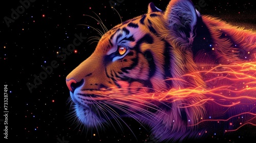 a close up of a tiger s face with a background of stars and a sky filled with lightening.