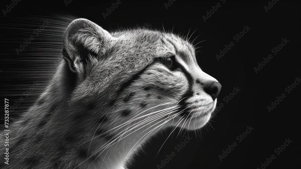 a close up of a cat's face on a black background with a blurry image of the cat's head.