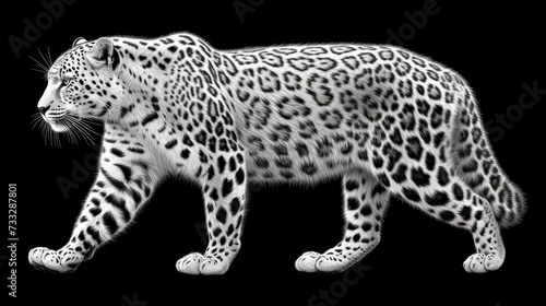 a black and white photo of a leopard on a black background with a black background and a white leopard on the right side of the image.