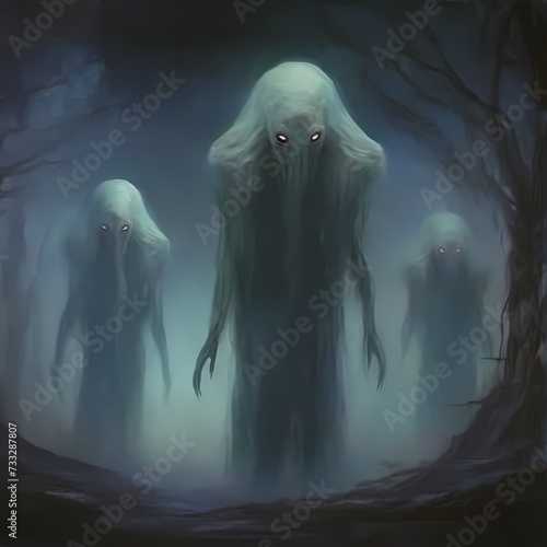 Creepy Alien Entities Emerging from Misty Forest Setting at Night