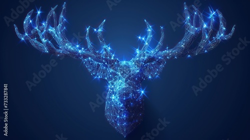 a deer's head with a lot of blue lights on it's antlers on a dark blue background.