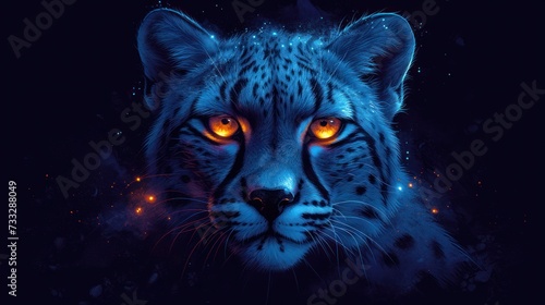 a close up of a cheetah's face with bright orange eyes and glowing stars in the background.
