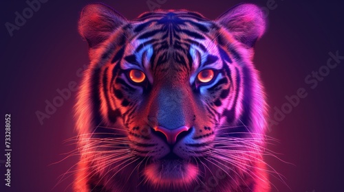 a close up of a tiger s face with red and blue light shining down on it s face.