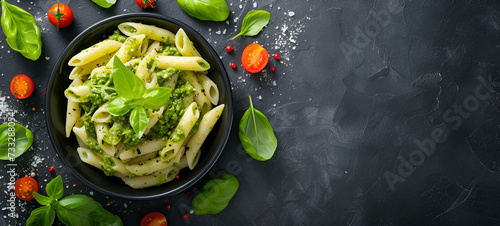 Twisted pasta with pesto and lemon zest, basil leaves decor, in a green rimmed bowl on a dark backdrop