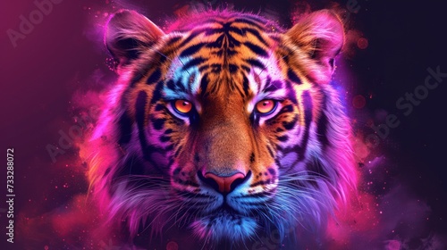 a close up of a tiger s face on a purple and pink background with a lot of light around it.