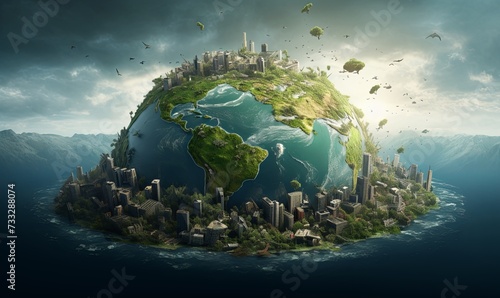 Global disasters and pollution of planet earth background. Abandoned 3d buildings and factories pollute environment and worlds oceans with plastic and toxic waste