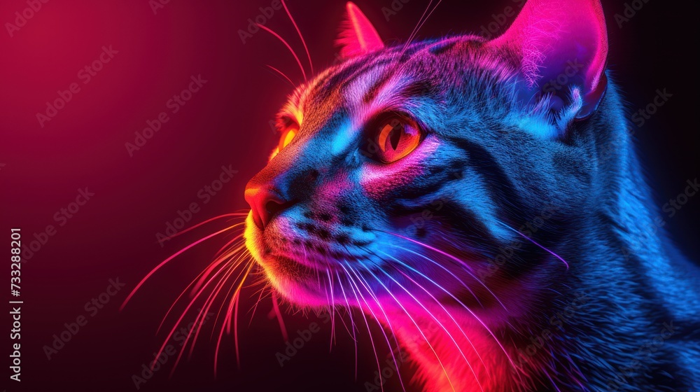 a close up of a cat's face with a red, blue, and pink light in the background.