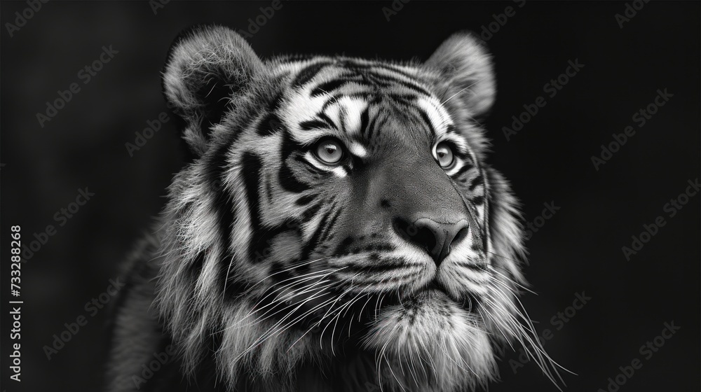 a black and white photo of a tiger's face looking at the camera with a serious look on its face. a black and white photo of a tiger's face looking at the camera with a serious look on its face.