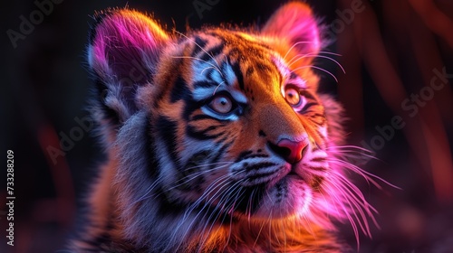 a close up of a tiger s face with blue and pink light coming out of it s eyes.