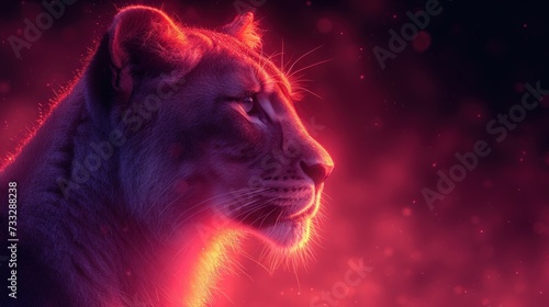 a close - up of a lion's face against a red and purple background with light coming from its eyes.