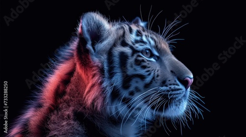 a close up of a white tiger's face with red and blue light coming out of it's eyes.
