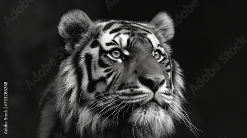 a black and white photo of a tiger s face looking at the camera with a serious look on its face.