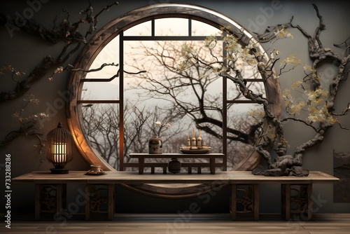 Oriental interior with large windows offering natural scenery