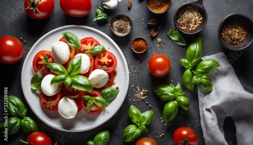 A white plate with tomatoes, basil leaves and mozzarella cheese