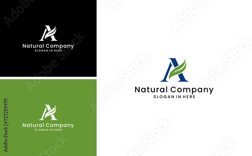 simple initial A logo green leaf alphabet vector design template