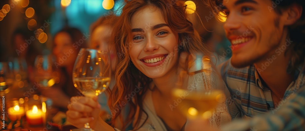 a collection of varied friends or people dressed casually who are toasting for a party celebration at a nice home while grinning broadly and carrying glasses of wine. a collection of varied friends or people dressed casually who are toasting for a party celebration at a nice home while grinning broadly and carrying glasses of wine.