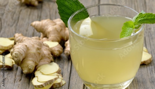 A glass of ginger juice with a garnish
