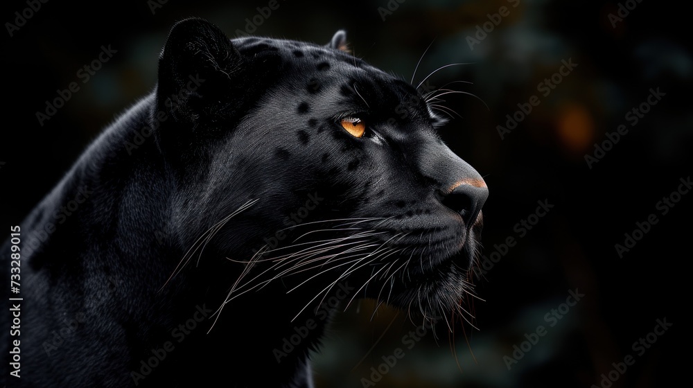 a close - up of a black leopard's face with a yellow - eyed look on it's face.